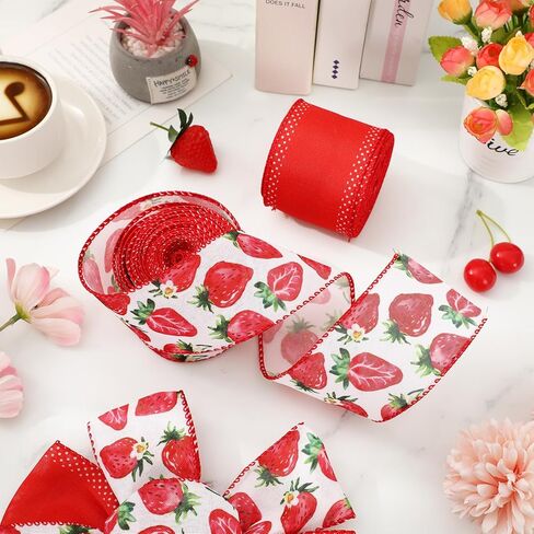2 Rolls Strawberry Wired Edge Ribbon 2.5 Inch Red Watercolor Fruit Decorative Fabric Ribbons for Wreath Bow DIY Craft Gift Wrapping Summer Holiday Party Supplies, 20 Yard in Saudi Arabia