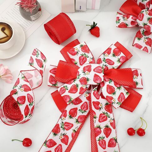 2 Rolls Strawberry Wired Edge Ribbon 2.5 Inch Red Watercolor Fruit Decorative Fabric Ribbons for Wreath Bow DIY Craft Gift Wrapping Summer Holiday Party Supplies, 20 Yard in Saudi Arabia