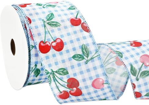 Cherry Wired Edge Ribbon 2.5 Inch Red Cherry Blue Plaid Decorative Fabric Ribbons for Wreath Bow DIY Craft Gift Wrapping Summer Holiday Party Supplies, 12 Yard in Saudi Arabia