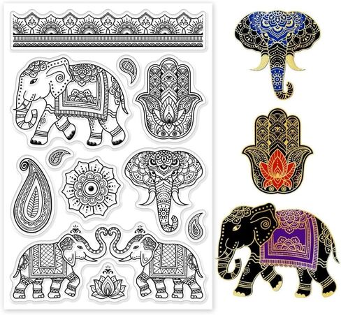 Indian Elephant Clear Stamps for DIY Scrapbooking Paisley Hamsa Pattern Silicone Stamp Seals Transparent Stamp for Cards Making Photo Album Journal Home Decoration 6.3×4.33inch in Saudi Arabia