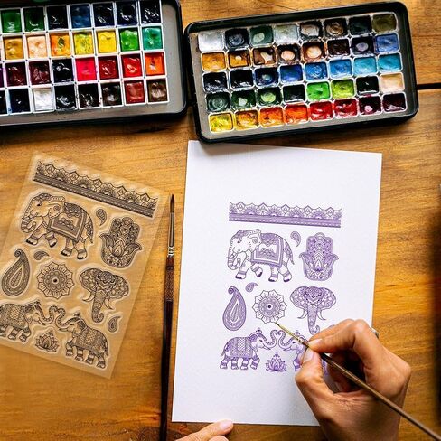 Indian Elephant Clear Stamps for DIY Scrapbooking Paisley Hamsa Pattern Silicone Stamp Seals Transparent Stamp for Cards Making Photo Album Journal Home Decoration 6.3×4.33inch in Saudi Arabia