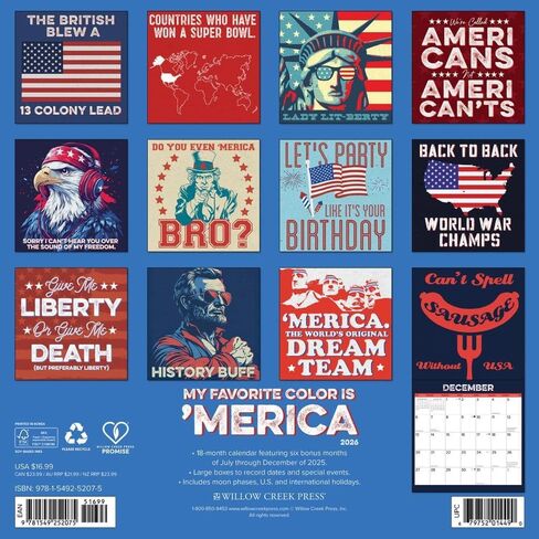 Willow Creek Press، اللون المفضل لدي هو Merica 2026 تقويم الحائط، 12 بوصة × 12 بوصة، تقويم 18 شهرًا مع ربط مُدبس in Kuwait