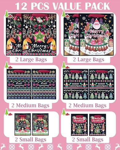 Gcardist Christmas 13" Large Gift Bags with Tissue Paper, 3 Designs Cardboard Gift Bags with Handle Merry Christmas Bags（3 PCS Bags+9 PCS Tissue Papers） in Kuwait