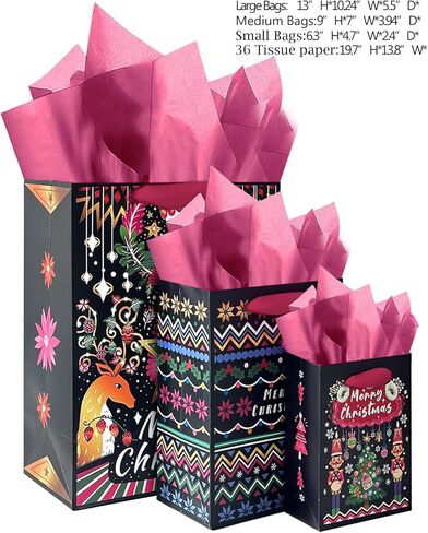Gcardist Christmas 13" Large Gift Bags with Tissue Paper, 3 Designs Cardboard Gift Bags with Handle Merry Christmas Bags（3 PCS Bags+9 PCS Tissue Papers） in Kuwait