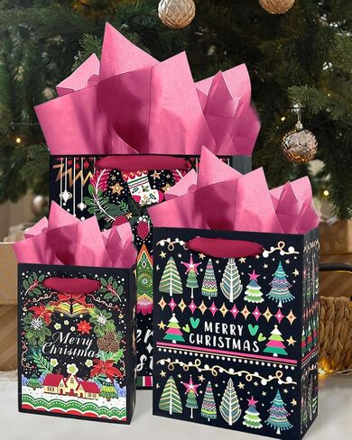 Gcardist Christmas 13" Large Gift Bags with Tissue Paper, 3 Designs Cardboard Gift Bags with Handle Merry Christmas Bags（3 PCS Bags+9 PCS Tissue Papers） in Kuwait