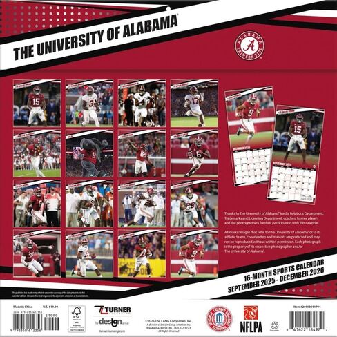 تقويم حائط NCAA Alabama Crimson Tide 2026، 30.48 سم × 30.48 سم، تقويم 16 شهرًا مع غلاف مثبت in Kuwait