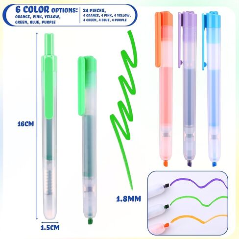 24 Count Retractable Highlighters Assorted Colors Chisel Tip Click Aesthetic Highlighter Marker Pens Pack Multi Colored Ink No Bleed Smear for Highlighting Journaling(Classic,Multicolor) in Saudi Arabia