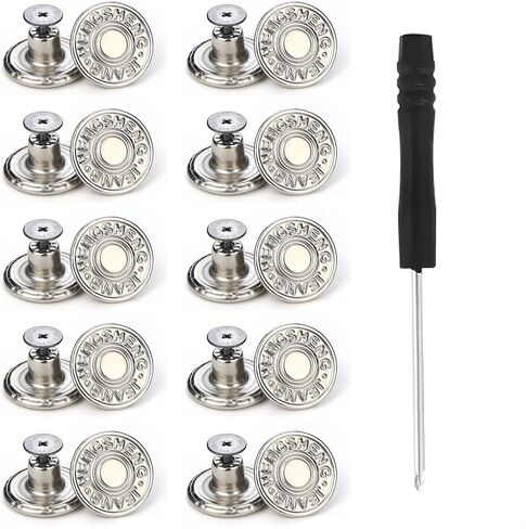 10-Pack Jean Button Replacement Kit, Silver Buttons for No-Sew Adjustable Waist, Metal Buttons for Jeans Repair, Tool-Free Installation for Men & Women (Silver Stars) in Saudi Arabia