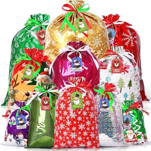AhfuLife 32pcs Christmas Drawstring Gift Bags, 5 Assorted Size Xmas Gift Wrapping Bags with Tags, Christmas Extra Large Medium Small Gift Bags Bulk for Party Decorations in Saudi Arabia