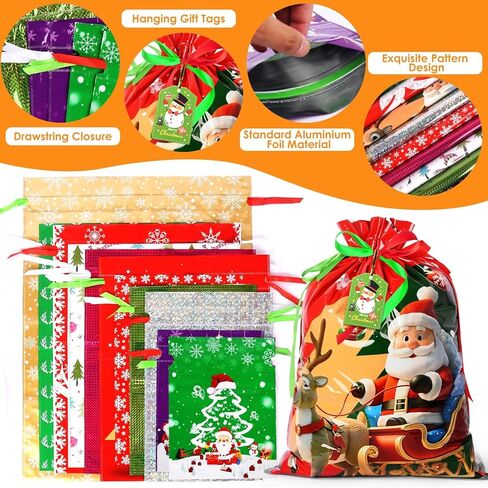 AhfuLife 32pcs Christmas Drawstring Gift Bags, 5 Assorted Size Xmas Gift Wrapping Bags with Tags, Christmas Extra Large Medium Small Gift Bags Bulk for Party Decorations in Saudi Arabia