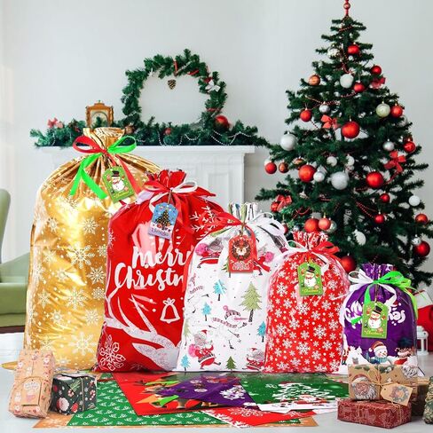 AhfuLife 32pcs Christmas Drawstring Gift Bags, 5 Assorted Size Xmas Gift Wrapping Bags with Tags, Christmas Extra Large Medium Small Gift Bags Bulk for Party Decorations in Saudi Arabia