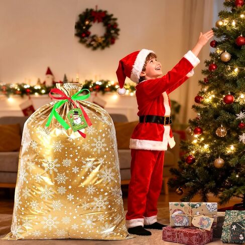 AhfuLife 32pcs Christmas Drawstring Gift Bags, 5 Assorted Size Xmas Gift Wrapping Bags with Tags, Christmas Extra Large Medium Small Gift Bags Bulk for Party Decorations in Saudi Arabia
