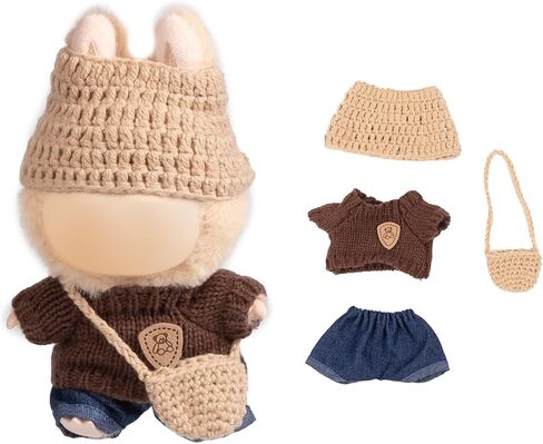 4 Piece Handcrafted Crochet Doll Clothes for Labubu (No Doll), Cute Premium Outfit Set Accessories with Hand Crocheted Hat, Sweaters(Knitted), Pants, Bag (Brown Gray) in Saudi Arabia