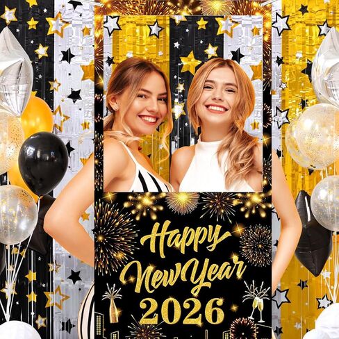 2026 New Years Photo Booth Frame Banner, 2026 Happy New Year Decor,Happy New Year Photo Booth Frame for Celebrate Firework Backdrop Decor, Eve Ceremonies Holiday Party Decor Backdrop Supplies 2026 in Saudi Arabia