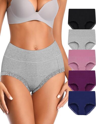 Annenmy High Waisted Womens Underwear Cotton Underwear Full Coverage Briefs Stretch Breathable Ladies Panties 5 Pack in Kuwait