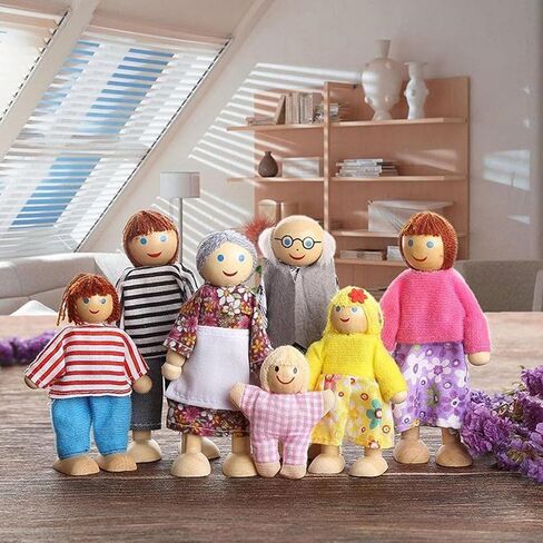HYSTYLE 7 Pack Wooden Doll House Family Dollhouse Dolls Family Pretend Play Figures, Family Role Play Pretend Play Mini People Figures (Caucasian Style) in Kuwait