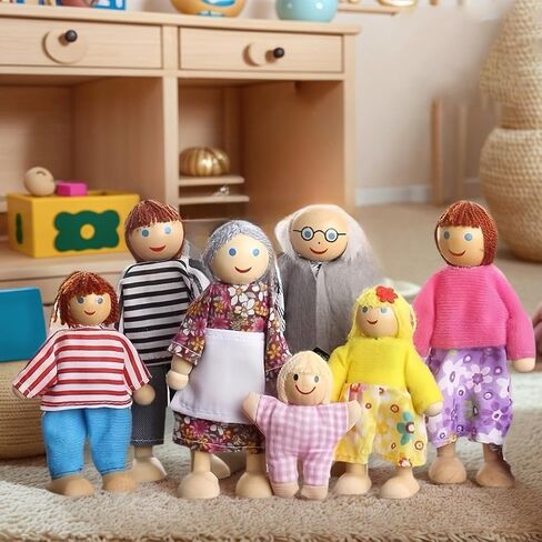HYSTYLE 7 Pack Wooden Doll House Family Dollhouse Dolls Family Pretend Play Figures, Family Role Play Pretend Play Mini People Figures (Caucasian Style) in Kuwait