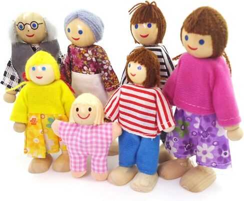 HYSTYLE 7 Pack Wooden Doll House Family Dollhouse Dolls Family Pretend Play Figures, Family Role Play Pretend Play Mini People Figures (Caucasian Style) in Kuwait