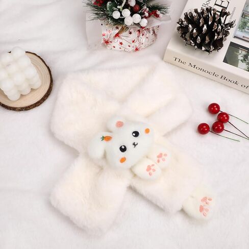 Kids Scarf for Girls Cute Rabbit Warm Scarf Cartoon Faux Plush Cross Collar Scarf Fluffy Neck Warmer for Girls in Saudi Arabia