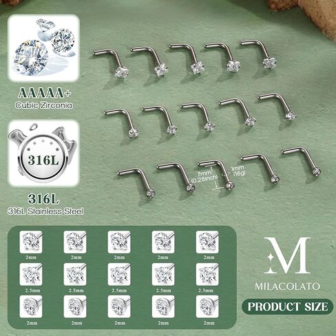 MILACOLATO Hypoallergenic Nose Rings 15Pcs 18G 20G Surgical Stainless Steel Nose Rings Studs L Shaped Screw Studs Rings Cubic Zirconia Nose Ring Labret Lip Nose Piercing Jewelry for Women Men in Saudi Arabia