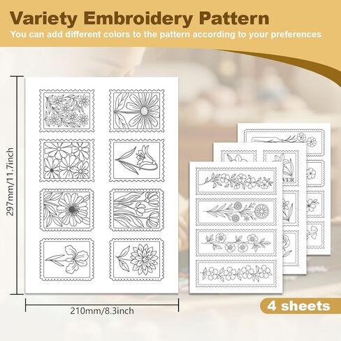 22Pcs Stamp Flower Water Soluble Hand Sewing Stabilizers, 8.3"x11.7" Stamp Bookmark Embroidery Pattern Stabilizer, 4 Sheets Floral Hat Stick and Stitch Embroidery Paper Sticker in Saudi Arabia