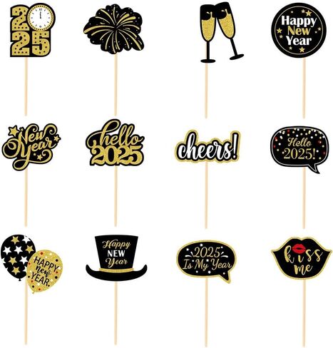 24 Pack Black Gold 2025 Happy New Year Cupcake Toppers 12 Types Muffin Cake Toppers for New Years Eva Party Favor Supplies in Saudi Arabia