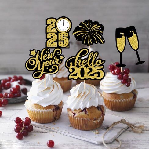 24 Pack Black Gold 2025 Happy New Year Cupcake Toppers 12 Types Muffin Cake Toppers for New Years Eva Party Favor Supplies in Saudi Arabia