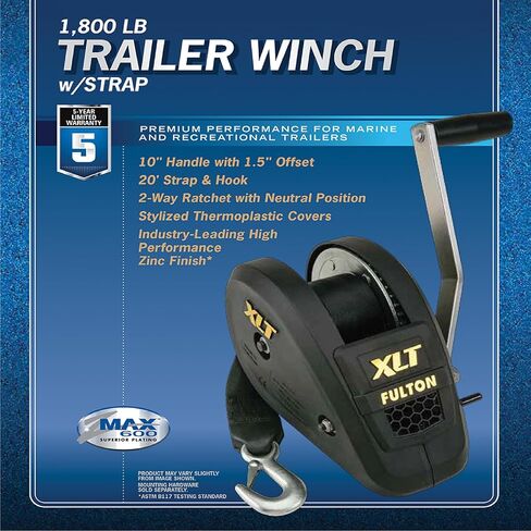 Fulton 142314 XLT Boat Trailer Winch with 20 Foot Winch Strap with Hook, 1,800 lbs. Capacity, Single-Speed Hand Crank Winch, Solid Drum Gear System in Saudi Arabia