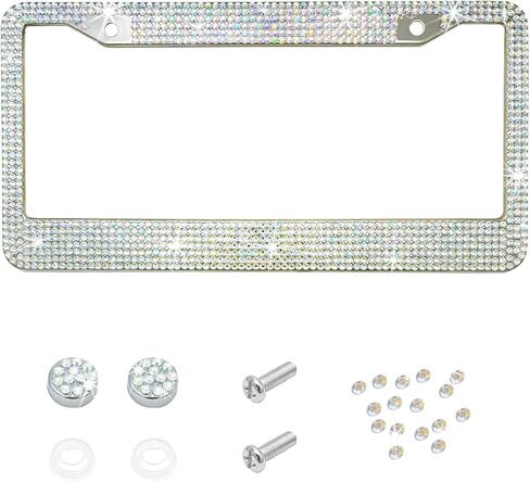 Bling Car License Plate Frame, 2 Holes Stainless Steel Sparkly Auto Tag Cover with Screws Caps, Bedazzled Rhinestone Licence Plate Holder Vehicle Decor for Women Girls (White AB) in Saudi Arabia