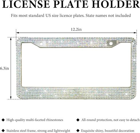 Bling Car License Plate Frame, 2 Holes Stainless Steel Sparkly Auto Tag Cover with Screws Caps, Bedazzled Rhinestone Licence Plate Holder Vehicle Decor for Women Girls (White AB) in Saudi Arabia