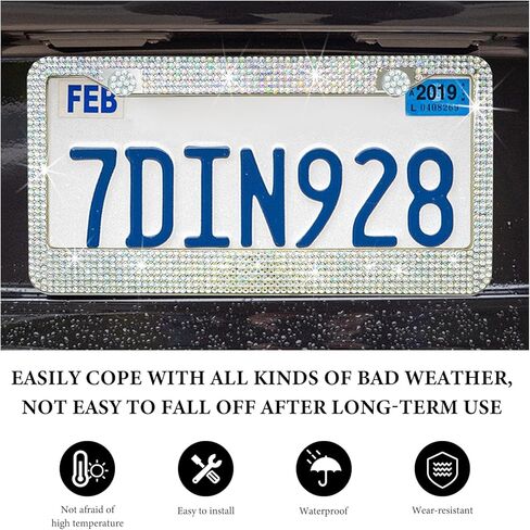 Bling Car License Plate Frame, 2 Holes Stainless Steel Sparkly Auto Tag Cover with Screws Caps, Bedazzled Rhinestone Licence Plate Holder Vehicle Decor for Women Girls (White AB) in Saudi Arabia