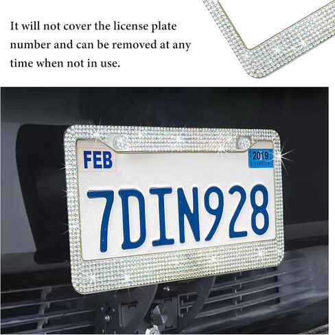 Bling Car License Plate Frame, 2 Holes Stainless Steel Sparkly Auto Tag Cover with Screws Caps, Bedazzled Rhinestone Licence Plate Holder Vehicle Decor for Women Girls (White AB) in Saudi Arabia