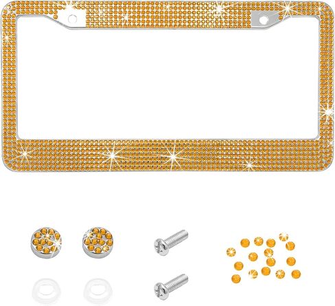 Bling Car License Plate Frame, 2 Holes Stainless Steel Sparkly Auto Tag Cover with Screws Caps, Bedazzled Rhinestone Licence Plate Holder Vehicle Decor for Women Girls (White AB) in Saudi Arabia