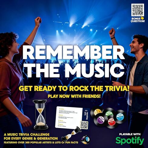 Music Trivia Party Game for Game Night – REMEMBER THE MUSIC All Time Edition, 350 Artist & Song Cards with QR Audio Clues, Spotify Compatible Board Game for Adults & Family, 2–6 Players in Saudi Arabia