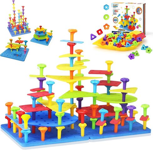 Peg Board Toy set 65Pcs DIY Building Stacking Toys for kids 3-6 Years Old,STEM Educational Kids Toys for Brain Development,Montessori Sensory Toys,Upgrade various foam board plastic nail rope games in Saudi Arabia