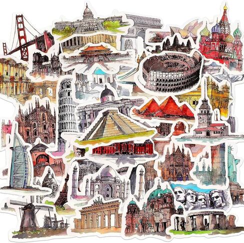 50pcs Scenic Luggage History Stickers Architecture World Suitcase Stickers Tourism Landmark Buildings Retro Bike Decals Waterproof PVC for Laptop Scrapbook Water Bottle in Saudi Arabia
