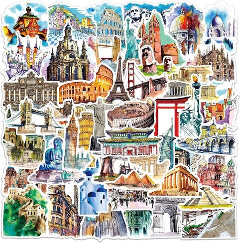50pcs Scenic Luggage History Stickers Architecture World Suitcase Stickers Tourism Landmark Buildings Retro Bike Decals Waterproof PVC for Laptop Scrapbook Water Bottle in Saudi Arabia