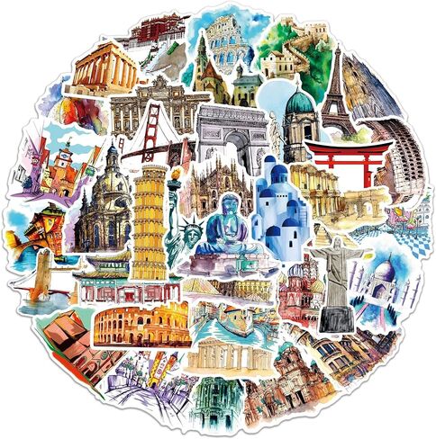 50pcs Scenic Luggage History Stickers Architecture World Suitcase Stickers Tourism Landmark Buildings Retro Bike Decals Waterproof PVC for Laptop Scrapbook Water Bottle in Saudi Arabia