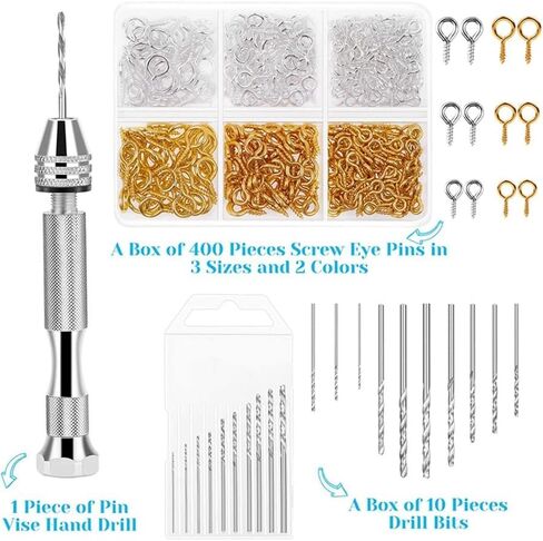 Resin Tools Kit with 1Pcs Pin Vise Hand Drill 10Pcs Drill Bits and 400Pcs Screw Eye Pins for DIY Keychain Pendant in Saudi Arabia