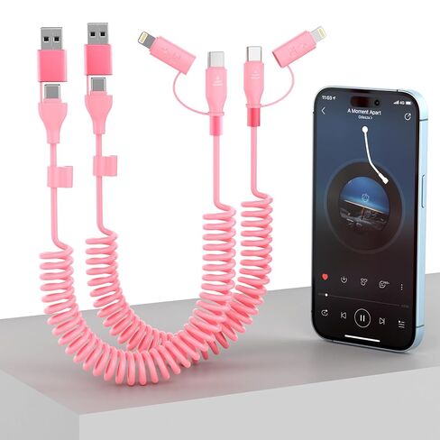 مجموعة كابل USBA/Type C إلى USB-C/Lightning متعدد ملفوف 4 في 1 لأجهزة Apple Carplay & Android Auto، سلك شاحن سيارة وردي 3A 60W للشحن السريع ومزامنة البيانات لهاتف iPhone 15/14/13/12، Samsung Galaxy، Android -مؤسسة التمويل الأصغر in Kuwait