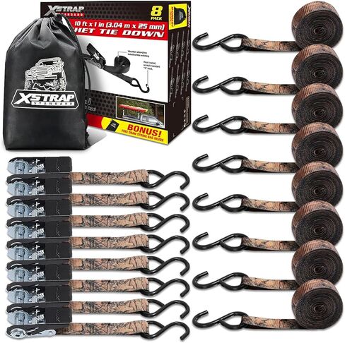 XSTRAP STANDARD 8 عبوات من أشرطة ربط السقاطة، 1 بوصة × 10 أقدام، 900 رطل قوة كسر شديدة التحمل للدراجات النارية، مركبات ATV، معدات الحديقة، الأجهزة وشاحنات البضائع - مموهة in Kuwait