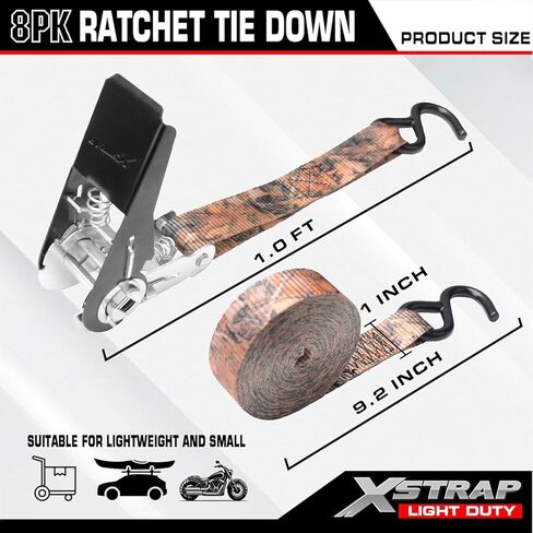 XSTRAP STANDARD 8 عبوات من أشرطة ربط السقاطة، 1 بوصة × 10 أقدام، 900 رطل قوة كسر شديدة التحمل للدراجات النارية، مركبات ATV، معدات الحديقة، الأجهزة وشاحنات البضائع - مموهة in Kuwait