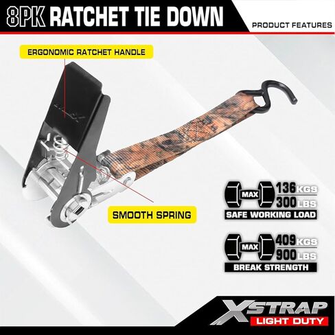 XSTRAP STANDARD 8 عبوات من أشرطة ربط السقاطة، 1 بوصة × 10 أقدام، 900 رطل قوة كسر شديدة التحمل للدراجات النارية، مركبات ATV، معدات الحديقة، الأجهزة وشاحنات البضائع - مموهة in Kuwait