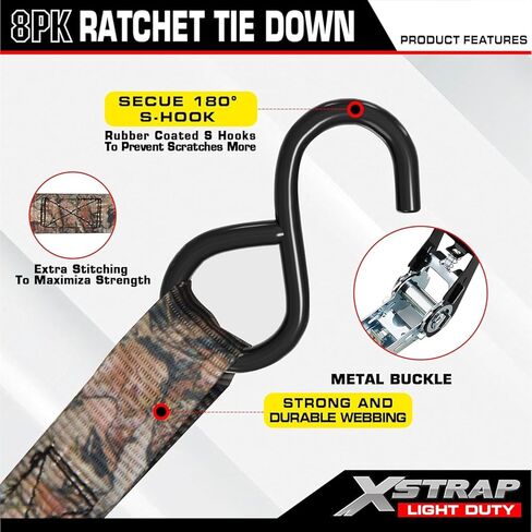 XSTRAP STANDARD 8 عبوات من أشرطة ربط السقاطة، 1 بوصة × 10 أقدام، 900 رطل قوة كسر شديدة التحمل للدراجات النارية، مركبات ATV، معدات الحديقة، الأجهزة وشاحنات البضائع - مموهة in Kuwait