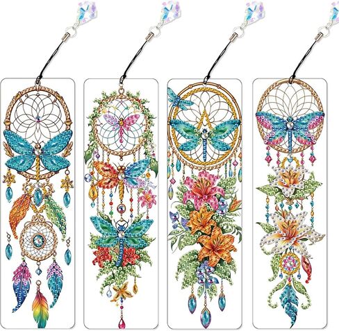 4 Pack Diamond Painting Bookmark Kits of Dragonfly and Flower, Special Shaped Diamond Art Bookmarks with Pendant, DIY Handmade Craft Home Office Supplies Reading Bookmark, Perfect Gift for Book Lovers in Saudi Arabia