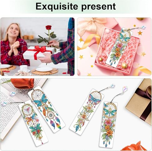 4 Pack Diamond Painting Bookmark Kits of Dragonfly and Flower, Special Shaped Diamond Art Bookmarks with Pendant, DIY Handmade Craft Home Office Supplies Reading Bookmark, Perfect Gift for Book Lovers in Saudi Arabia