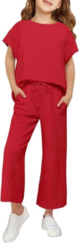 Haloumoning Girls' Clothing Sets Kids Fashion Short Sleeve Crew Neck Tops Wide Leg Pants Sweatsuit with Pocket 5-14Y in Kuwait