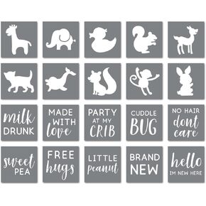 Fabric Stencil Kit, Set of 20 Stencils for Baby Shower Painting & Decorating, Phrases & Mixed Animals Pattern for Onesies Bibs Bodysuit Bags Shirts Shoes, Boy & Girls, Made in USA in Saudi Arabia