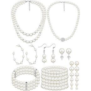 BBTO 8 Pcs Pearl Necklace and Earrings Set for Women Pearl Jewelry Set Faux Pearl Necklace Earrings Simulated Pearl Bracelets (Elegant Style) in Kuwait