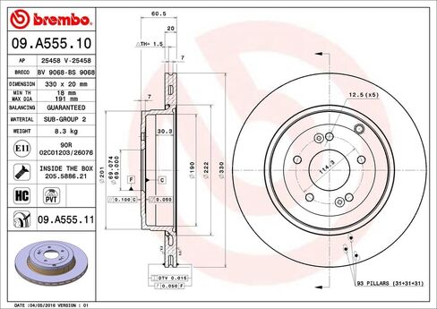 Brembo 09.A555.11 UV Coated Pillar Vented Rear Brake Rotor HYUNDAI OE# 584112M700 in Saudi Arabia